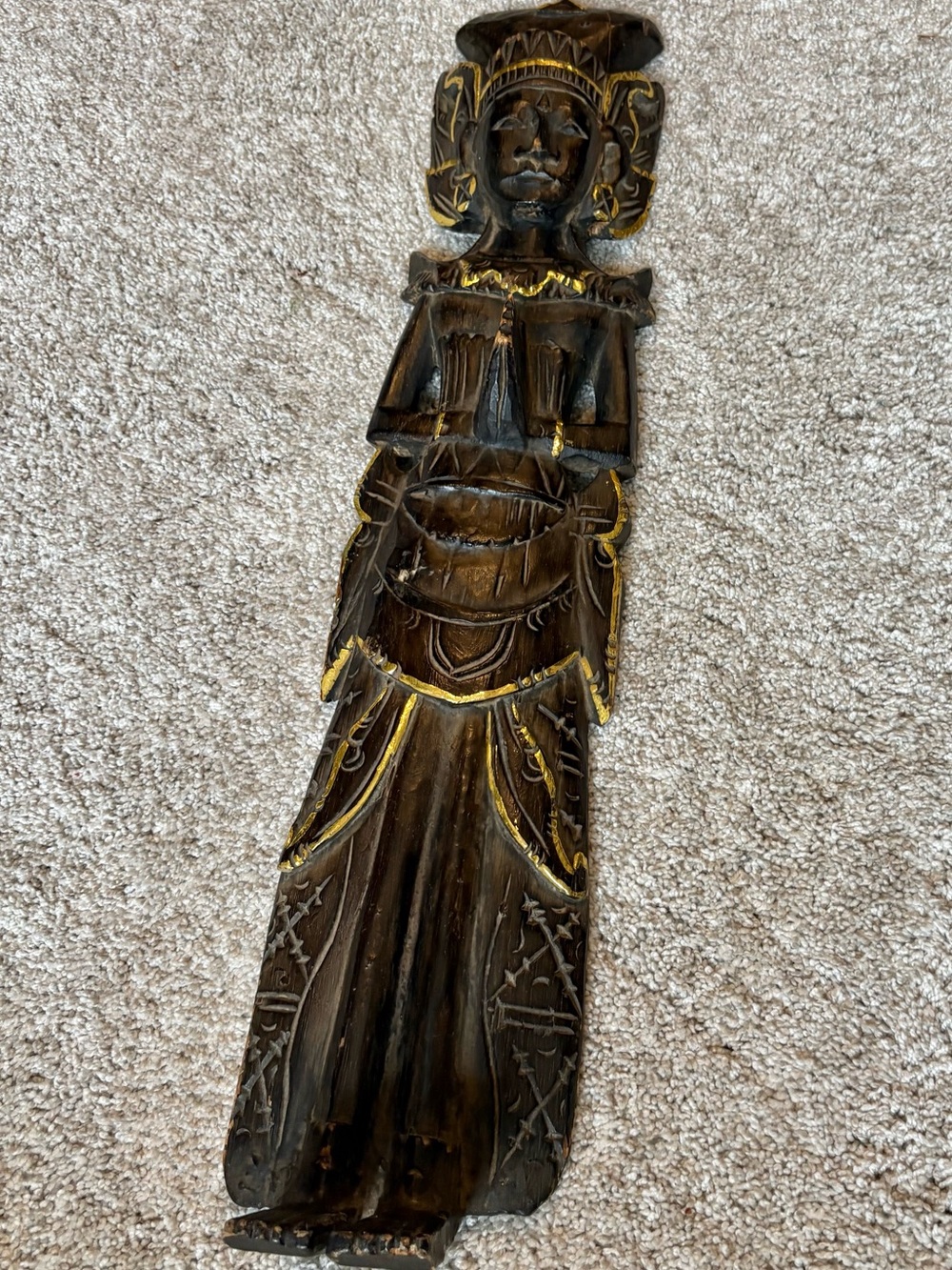 Hand Carved Wooden Indonesia baseline Hindu Figurine 24”x5” wall hanging